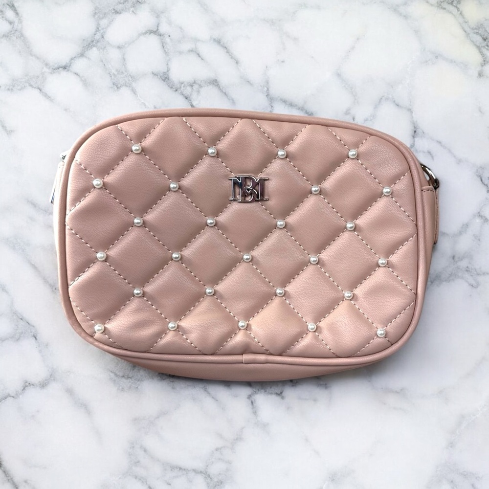 Badgley Mischka Blush Quilted cross shoulder Bag w Satin pearl studded exterior
